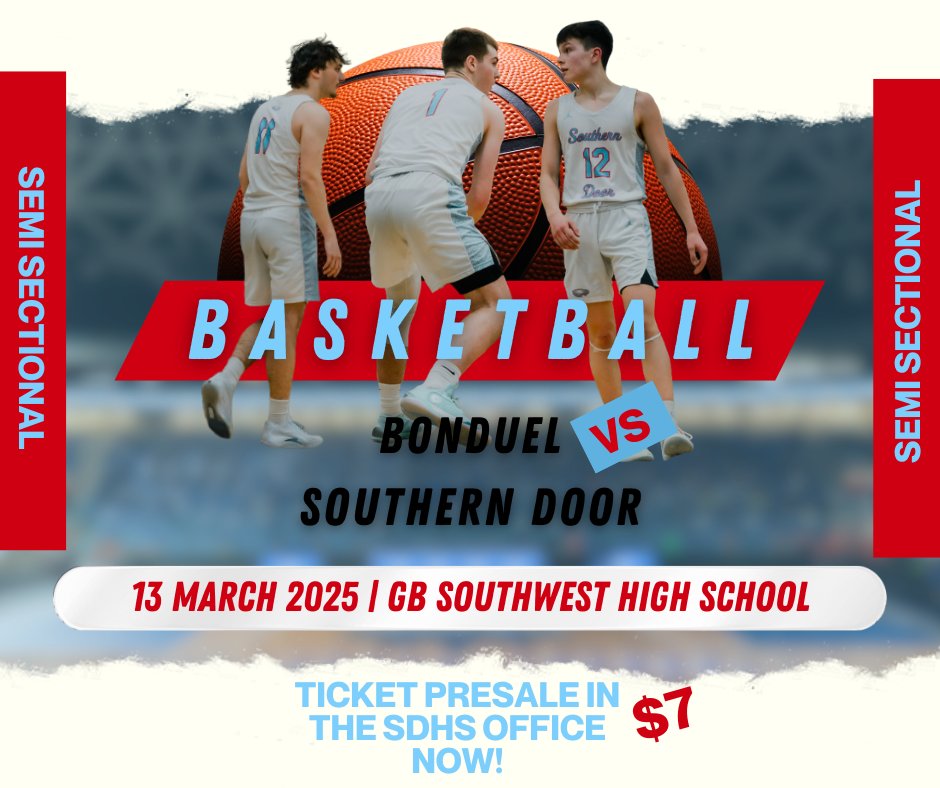 Boys Basketball takes on Bonduel on Thursday in the sectional semi-finals!

Tickets are on sale now in the Southern Door High School office.
