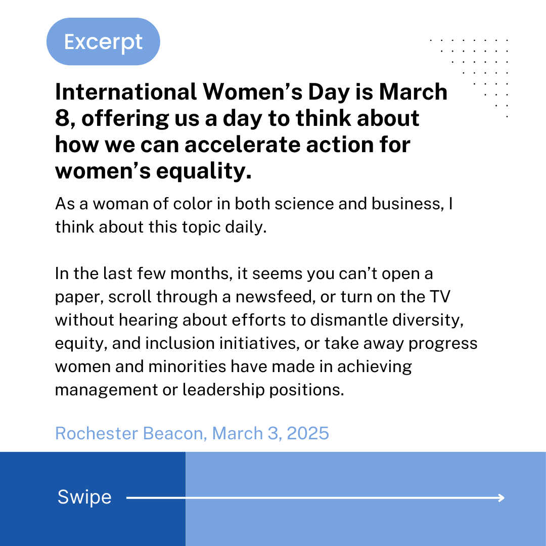 WomenoftheHall's tweet photo. Read a new expert opinion piece in the Rochester Beacon from executive Board Member of the Hall, Dr. Sujatha Ramanujan.  

She encourages the business world to keep paths to innovation open by embracing diversity. 

Full piece: https://t.co/lIpE22ArNH

#WomensHistoryMonth https://t.co/btm3Di0A2z