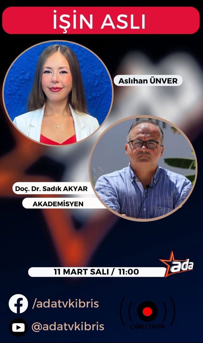 Yarın (11 Mart)  saat 11:00(TSİ12:00)de  <a href="/AdaTV_Kibris/">Ada TV Kıbrıs</a>’da  <a href="/asliaunver06/">asliaunver06</a> ile Uluslararası gündem ve Kıbrıs’ı konuşacağız.  <a href="/girneamerican/">Girne American Uni</a>  <a href="/akpinar_serhat/">Serhat AKPINAR</a> <a href="/hasanunal1920/">Prof. Dr. Hasan Ünal</a> <a href="/HakanAridemir/">Hakan Arıdemir</a> <a href="/tesamtr/">TESAM</a> <a href="/tuicakademi/">TUİÇ Akademi</a> <a href="/TurgutluYanki/">Yankı Gazetesi</a> <a href="/GokhanIslim/">Yedek hesap</a> <a href="/l_sohrab/">Söhrab İsmayıl</a> <a href="/YilmazMukerrem/">Mükerrem YILMAZ</a> <a href="/burakyalim/">Burak Yalım</a>