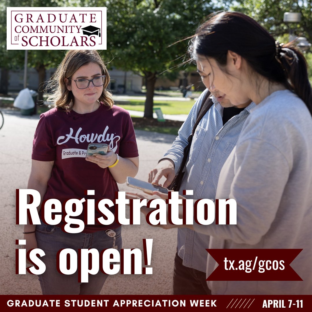 Texas A&M Graduate and Professional School (@tamugradschool) on Twitter photo Registration is open for our full week of events during Graduate and Professional Student Appreciation Week (April 7-11)!✨Learn more and register at tx.ag/gcos Registration is open for our full week of events during Graduate and Professional Student Appreciation Week (April 7-11)!✨Learn more and register at tx.ag/gcos