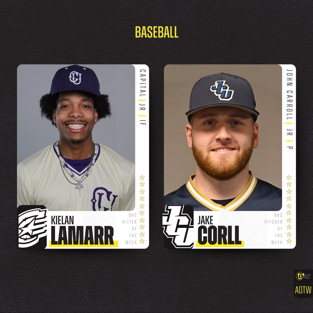 Ohio Athletic Conference (@ohathleticconf) on Twitter photo Athletes of the Week | Baseball โพ๏ธ
Kielan LaMarr, <a href="/cap_athletics/">Capital Athletics</a>
Jake Corll, <a href="/jcusports/">John Carroll Sports</a>
#OAC | #d3baseball Athletes of the Week | Baseball โพ๏ธ
Kielan LaMarr, <a href="/cap_athletics/">Capital Athletics</a>
Jake Corll, <a href="/jcusports/">John Carroll Sports</a>
#OAC | #d3baseball