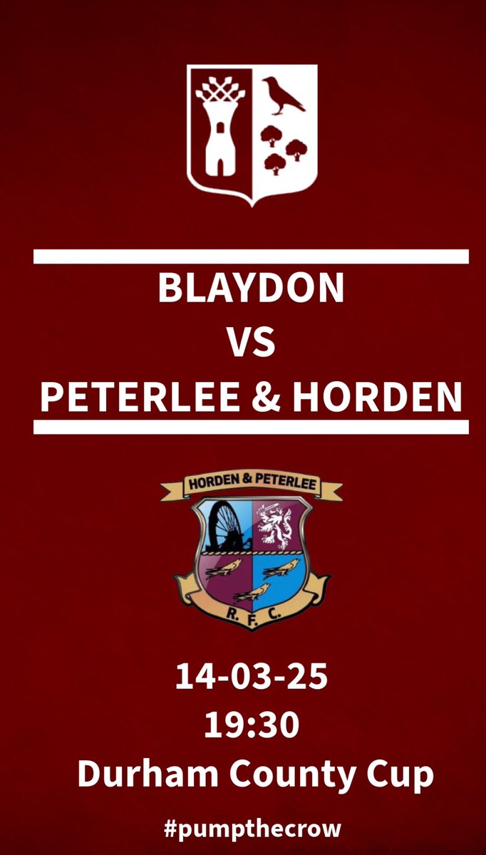 NEXT UP..

💡FRIDAY NIGHT LIGHTS💡

🆚 Horden &amp; Peterlee (H) 
🗓️ 14-03-25
⏰ 19:30
📍 Crow Trees 
🏆 Durham County Cup

#pumpthecrow