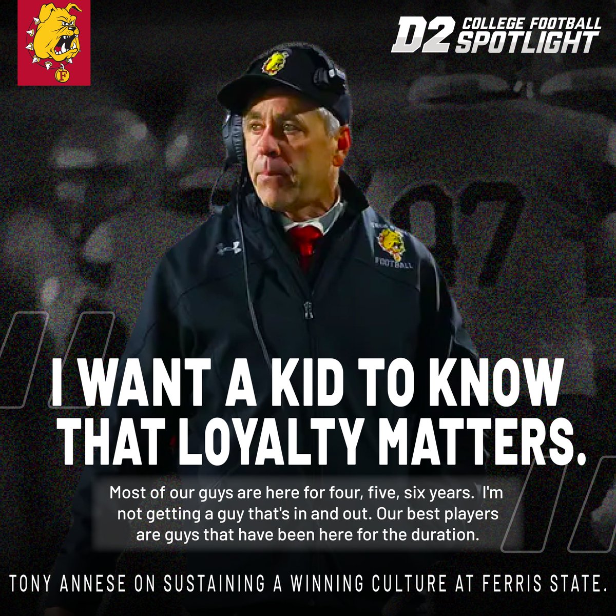 D2 College Football Spotlight (@d2fbspotlight) on Twitter photo Legendary D2 Head Coach <a href="/CoachAnnese/">Coach Annese</a> doesn’t build rosters at <a href="/FerrisFootball/">Ferris St. Football</a>. He builds legacies. 💯
“I want a kid to know that loyalty matters. Most of our guys are here four, five, six years. I'm not getting a guy that's in and out. Our best players are guys that have been Legendary D2 Head Coach <a href="/CoachAnnese/">Coach Annese</a> doesn’t build rosters at <a href="/FerrisFootball/">Ferris St. Football</a>. He builds legacies. 💯
“I want a kid to know that loyalty matters. Most of our guys are here four, five, six years. I'm not getting a guy that's in and out. Our best players are guys that have been
