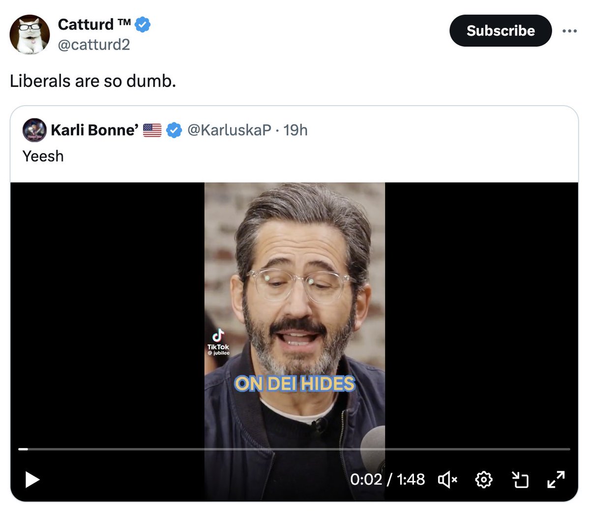 The fact that conservatives think the coded queer guy of color is the lib and not <a href="/SamSeder/">Sam Seder</a> speaks to the kind of young Hollywood conservatism that Jubilee casts from. Aspiring actors/influencers in California don't often deal with open homophobia or racism (remember Christian