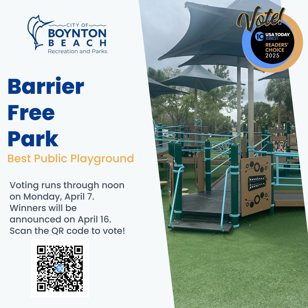 Barrier Free Park is in the running for USA Today's 10 Best Public Playgrounds! 

Now it's up to YOU to help us win!

🗳️ Vote daily until April 7 at noon ET to push us to the top! Let’s do this! 💙💛

👉 Vote here: bit.ly/USATodayBarrie…