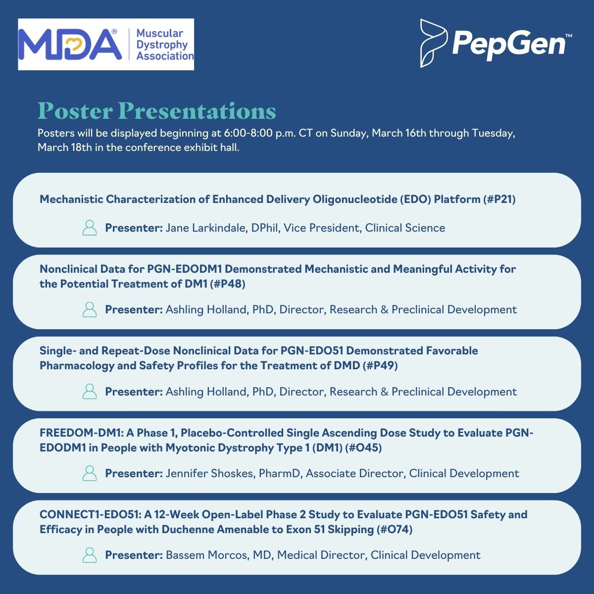 PepGen (@pepgentx) on Twitter photo PepGen will present at the 2025 <a href="/MDAorg/">Muscular Dystrophy Association</a> Clinical & Scientific Conference in Dallas, TX. Oral presentations will highlight data from the ongoing CONNECT1-EDO51 trial in #DMD and the recently announced initial results from the FREEDOM-EDODM1 trial in #DM1. investors.pepgen.com/news-releases/… PepGen will present at the 2025 <a href="/MDAorg/">Muscular Dystrophy Association</a> Clinical & Scientific Conference in Dallas, TX. Oral presentations will highlight data from the ongoing CONNECT1-EDO51 trial in #DMD and the recently announced initial results from the FREEDOM-EDODM1 trial in #DM1. investors.pepgen.com/news-releases/…