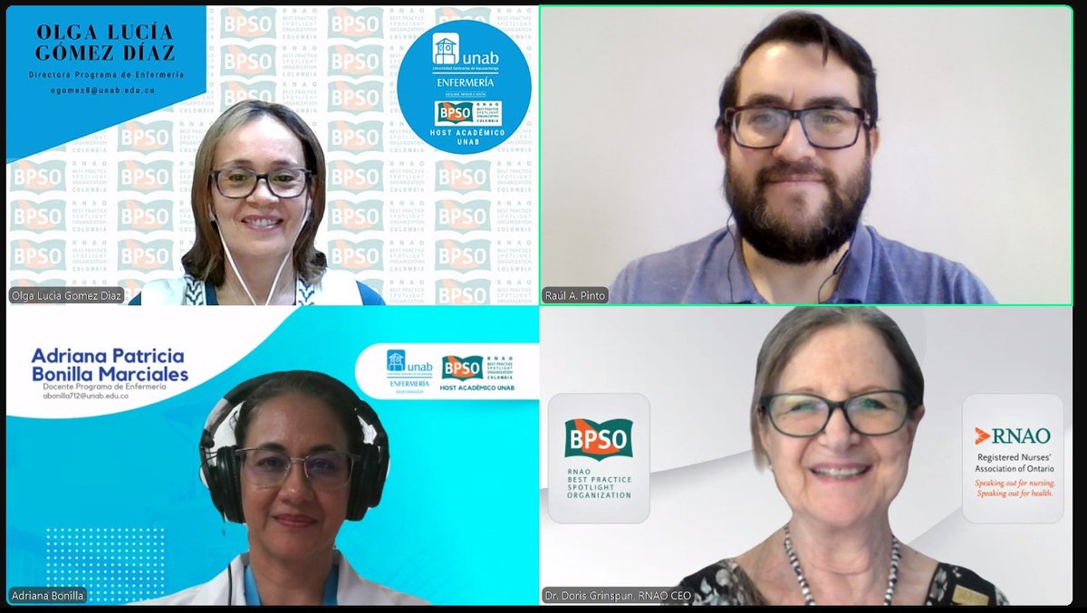 Our CEO Dr. <a href="/DorisGrinspun/">Dr. Doris Grinspun 🇨🇦 RN, PhD, FAAN, O.ONT</a> and #BPSO hosts from <a href="/ministeriosalud/">Ministerio de Salud</a> in #Chile and <a href="/bpso_unab/">BPSO Programa de Enfermería UNAB</a> in Colombia met to discuss the progress of over 50 organizations implementing the BPG program across Latin America. 

Thank you to Cristian Lara, Tiare Pavez, Olga Gomez, and Adriana Bonilla