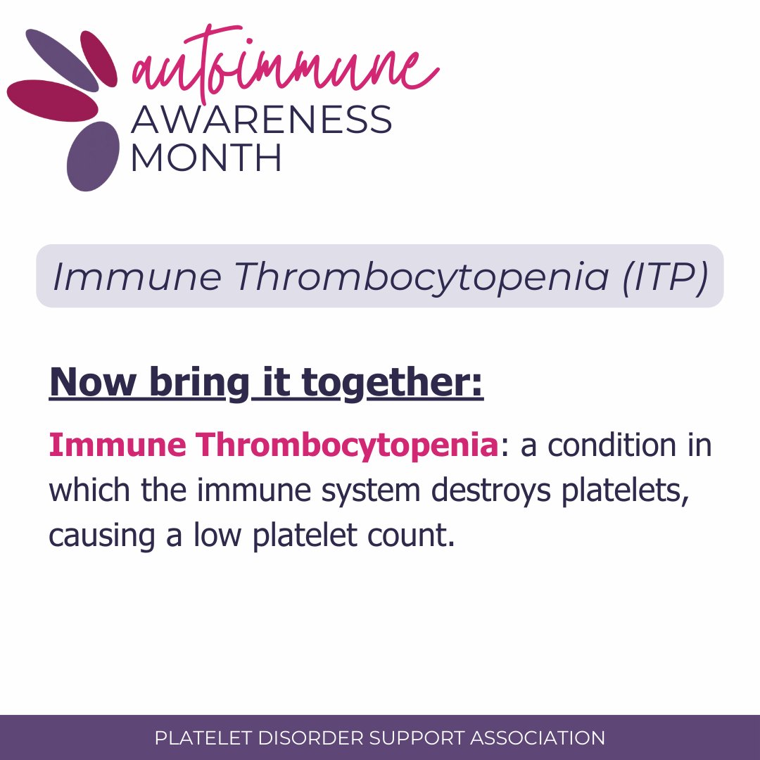 PDSA_ITP's tweet image. Immune Thrombocytopenia (ITP) is the most common autoimmune bleeding disorder, affecting around 60,000 people in the U.S., but physicians suspect it may be closer to 100,000 people. Help raise awareness by sharing your story at pdsa.org/share-your-itp… #AutoimmuneAwarenessMonth