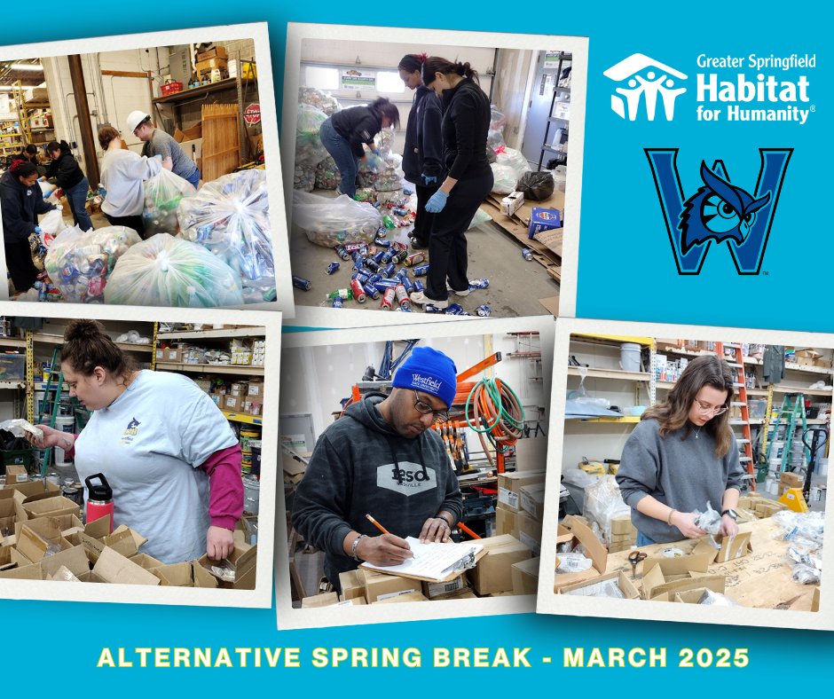 GSHFH's tweet image. Thank you, @WestfieldState students, for choosing to spend your spring break with us. It's only day one and you've already achieved so much - taking inventory of various knobs and separating the aluminum cans from glass and plastic bottles for recycling.  #alternativespringbreak