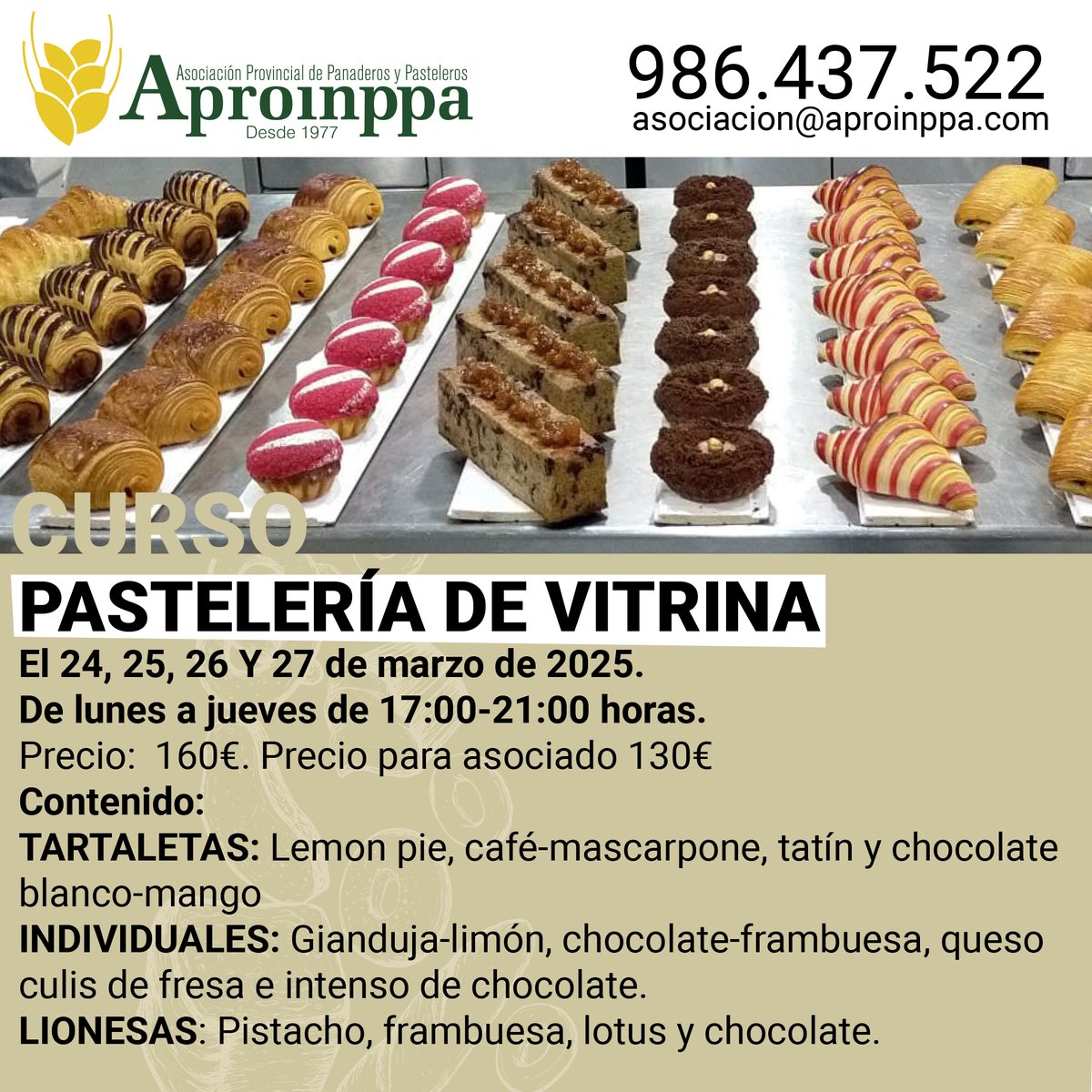 PASTELERÍA DE VITRINA
El 24, 25, 26 Y 27 de marzo de 2025.
Reserva ya tu plaza: 986.437.522 - asociacion@aproinppa.com

Materiales incluidos en el precio.
Incluye Diploma acreditativo.
Las elaboraciones realizadas os las lleváis para casa.

#aproinppa #cursoPastelería