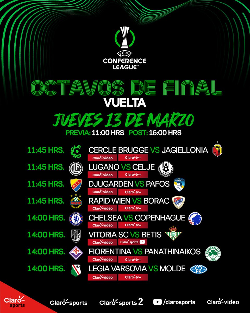 ClaroSportsCAM's tweet photo. ¡LOS 8VOS VUELTA DE LA #ConferenceLeague SE VIVEN EN CLARO SPORTS!😌

Se buscan dueños para los ocho boletos a cuartos de final del torneo. Disfruta la definición de esta llave EN EXCLUSIVA para Centroamérica... ¡LES ESPERAMOS!⚽️🌍 https://t.co/N557FcsvwX