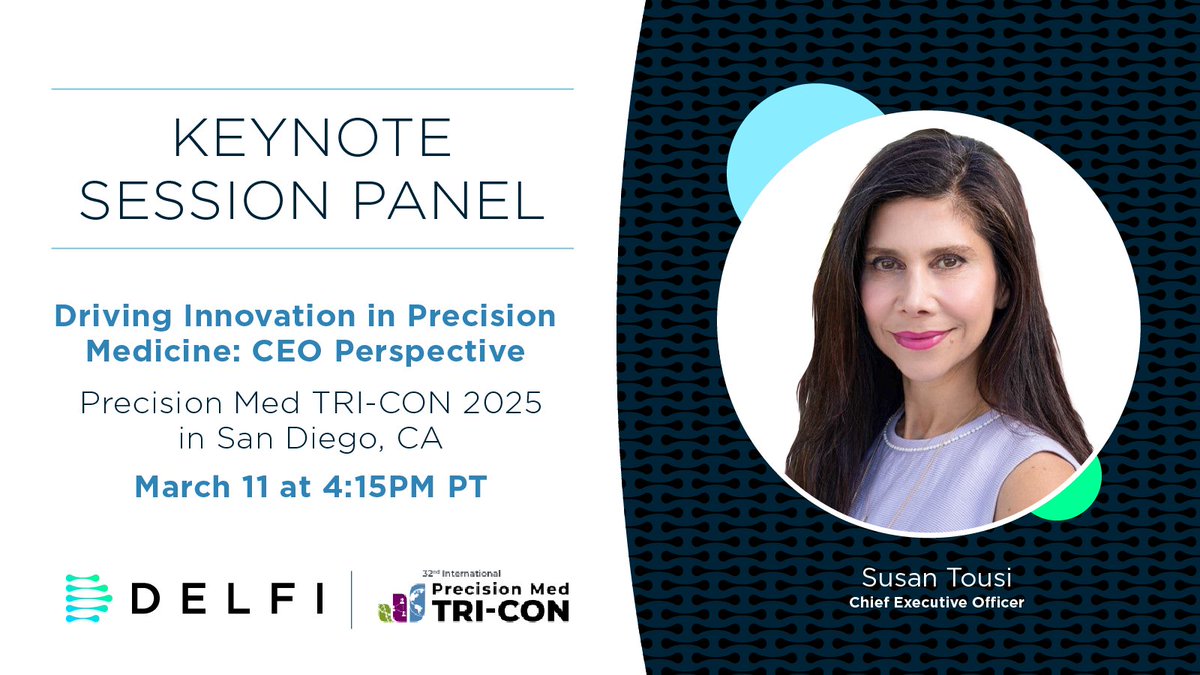 DELFI Diagnostics (@delfidiagnostic) on Twitter photo DELFI CEO <a href="/susantousi/">Susan Tousi</a> will be featured in a Plenary Keynote Session at #TRICON2025 tomorrow, March 11 at 4:15 PM PT in San Diego. The panel will explore how innovative companies are pushing the boundaries of precision medicine. Don't miss this discussion! Learn more: DELFI CEO <a href="/susantousi/">Susan Tousi</a> will be featured in a Plenary Keynote Session at #TRICON2025 tomorrow, March 11 at 4:15 PM PT in San Diego. The panel will explore how innovative companies are pushing the boundaries of precision medicine. Don't miss this discussion! Learn more: