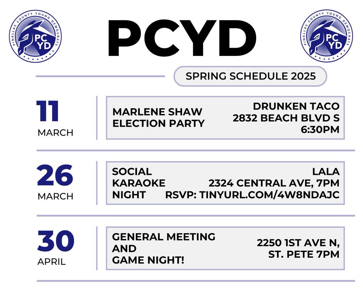 🚨 Updated Spring Schedule 🚨 

Join us Tomorrow for an Election Night Party at The Drunken Taco at 7p! Followed by some other great events - We hope to see you there!