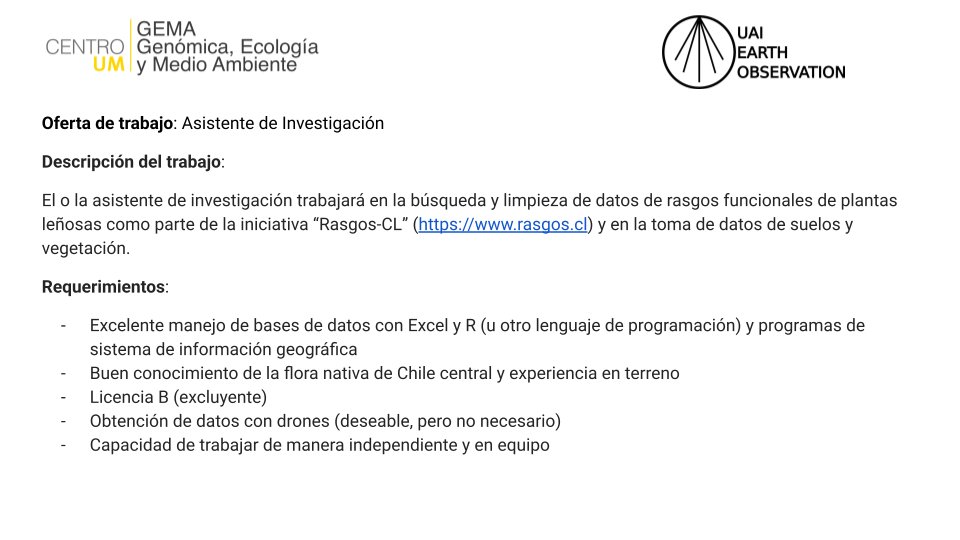 Dylan Craven (@dylanjcraven) on Twitter photo !Únete a nuestro grupo de investigación! <a href="/Javier_Lopatin/">Javier Lopatin</a> y yo estamos buscando a un/a asistente de investigación por 1 año para contribuir a proyectos de diversidad funcional de plantas y resiliencia ecosistémica. !Únete a nuestro grupo de investigación! <a href="/Javier_Lopatin/">Javier Lopatin</a> y yo estamos buscando a un/a asistente de investigación por 1 año para contribuir a proyectos de diversidad funcional de plantas y resiliencia ecosistémica.