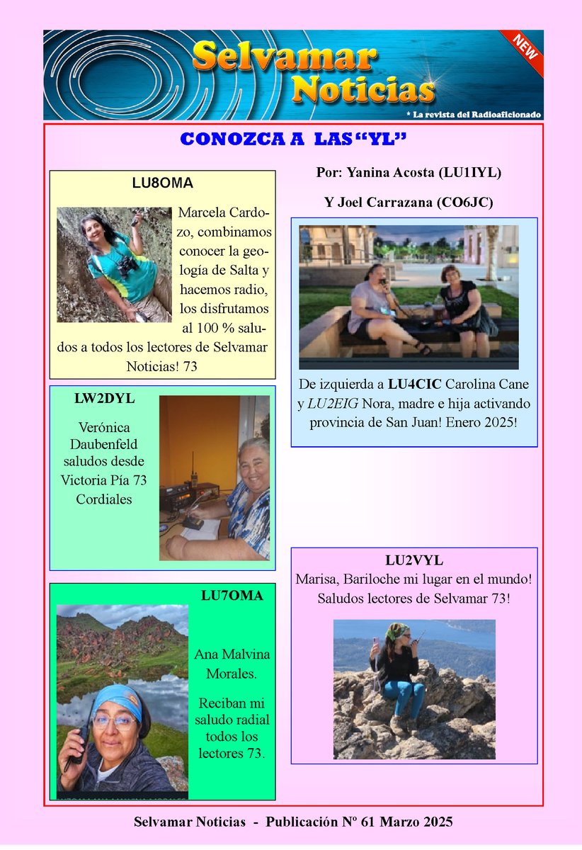 Como ya sabeis desde Selvamar Noticias apoyamos a las YL y no queremos que esta seccion quede en el olvido, si quereis aparecer en ella ( Y no lo habeis hecho ya ) os rogamos que os pongais en contacto con Yanina yanina.lu1iyl@gmail.com o con Joel Carrazana co6jc@frcuba.cu