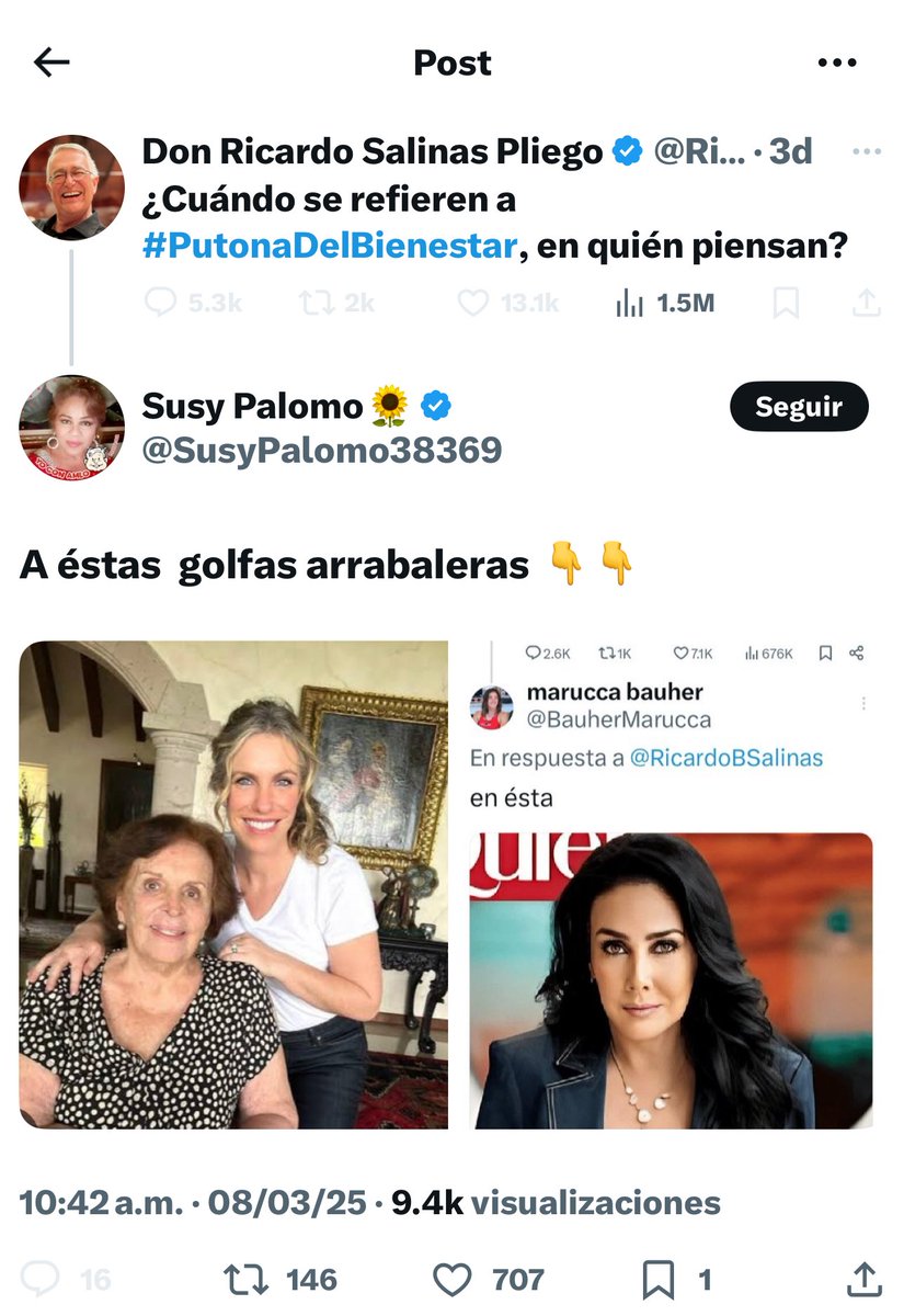 Aunque me parece terrible que insulten <a href="/NinfaSalinas/">Ninfa Salinas Sada</a> y <a href="/MLMSalinas/">María Laura Medina de Salinas</a> por culpa de <a href="/RicardoBSalinas/">Don Ricardo Salinas Pliego</a>, creo que tanto veneno se revierte.  Ojalá mi amigo Ricardo se dé cuenta del daño que le hace a todas las mujeres ahora que su esposa e hija reciben una cucharada de su chocolate.