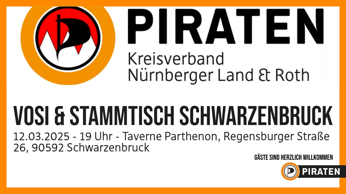 piratenLAU's tweet photo. Wir treffen uns am Mittwoch 12. März 2025 um 19 Uhr zur #Vorstandssitzung und #politischen #Stammtisch (ca. 19:30) in der #TaverneParthenon, Regensburger Straße 26, 90592 #Schwarzenbruck. Gäste sind herzlich willkommen. #Piraten #Piratenpartei https://t.co/0i13hlBvbB https://t.co/6bkiSv8qg1