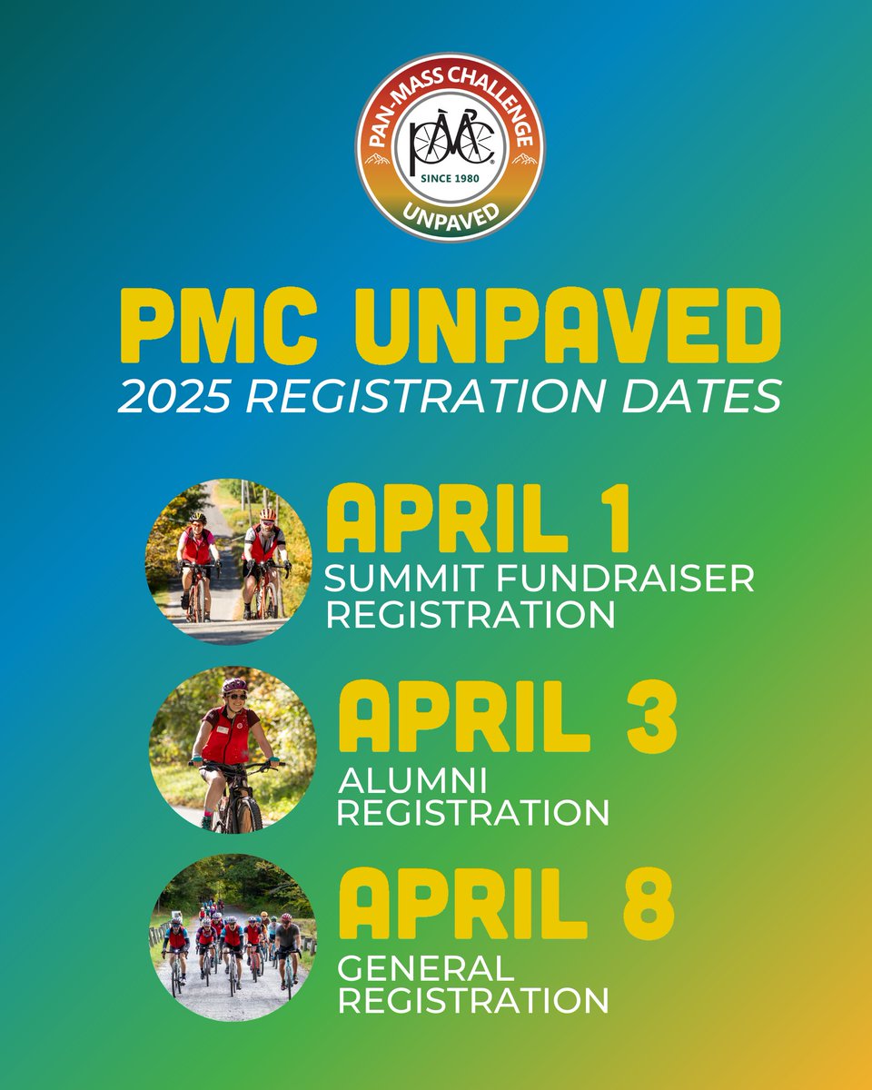 Registration for the 2025 #PMCUnpaved opens in April! Mark your calendars with these registration dates and gear up to hit the backroads of the Berkshires on Saturday, October 4! 

Learn more about riding or volunteering in PMC Unpaved! bit.ly/3Dw1sHa