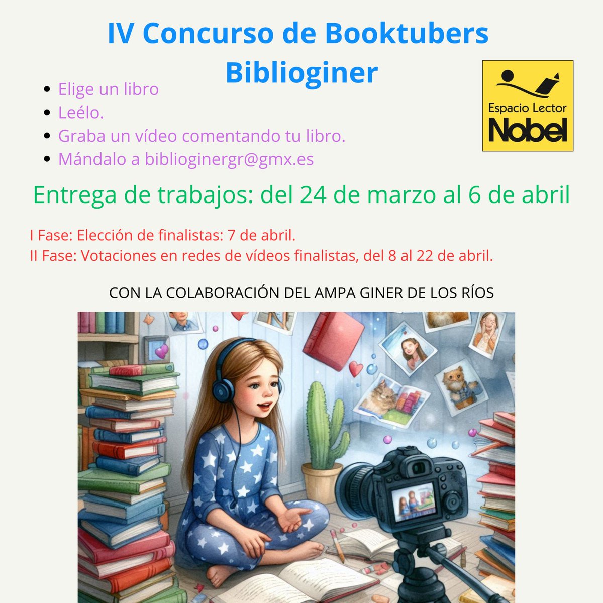 📚🎥 ¡Vuelve el Concurso de Booktubers BiblioGiner!

Si te gusta leer y quieres compartir tu opinión sobre un libro participa en la IV edición del Concurso #Booktubers #BiblioGiner y cuéntanos qué te ha parecido tu lectura en un vídeo.

bibliotecaginer.blogspot.com/2025/03/iv-edi…
