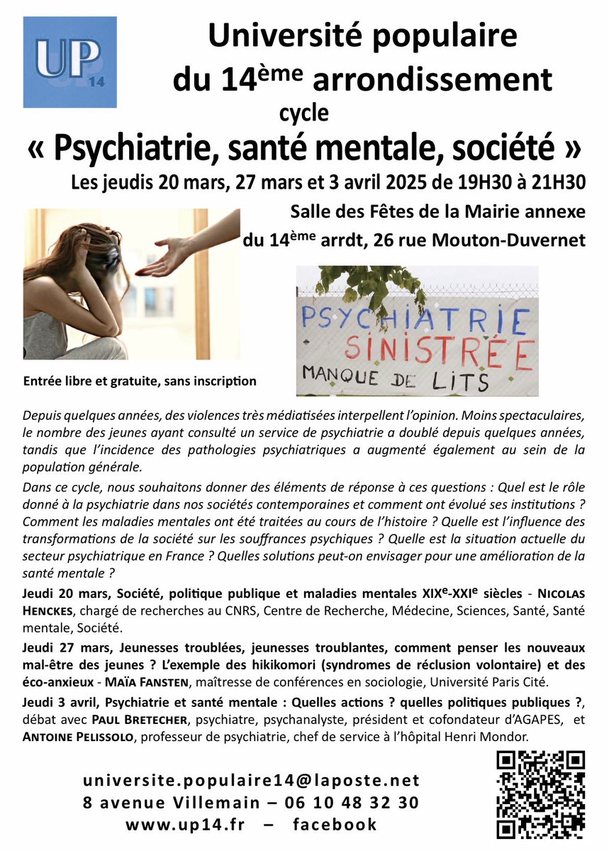 UP14e's tweet photo. Passages à l’acte spectaculaires, éco-anxiété et dépressions chez les jeunes, descente aux enfers des services de psychiatrie… Sur ces sujets qui nous interpellent profondement, l’Univ. Pop. du 14è propose 3 moments d’échanges avec des spécialistes de la santé mentale. https://t.co/kduXeNEpBQ