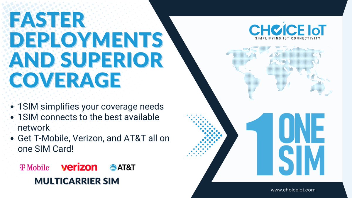 Faster deployments and superior coverage with Choice 1SIM.
Get all the network carriers on our multicarrier SIM!
Learn more at bit.ly/4iEVGBR
#IoT #iotdata #multicarriersim #5G #iotsim #tmobile #verizon #att #singlesim #choiceiot