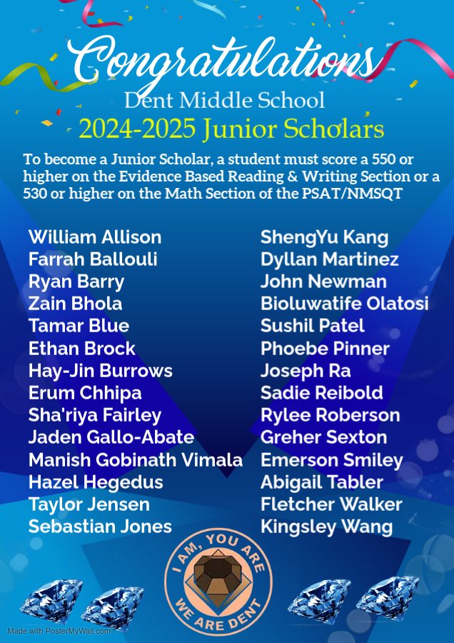 Dent Middle School (@dentmiddle) on Twitter photo Congratulations to our 2024-2025 Dent Diamond Junior Scholars!!!! <a href="/tamashford/">Tamala M Ashford</a> <a href="/Mewilli1/">Mewilliams</a> <a href="/MelvilonnD/">Melvilonn Davis</a> Congratulations to our 2024-2025 Dent Diamond Junior Scholars!!!! <a href="/tamashford/">Tamala M Ashford</a> <a href="/Mewilli1/">Mewilliams</a> <a href="/MelvilonnD/">Melvilonn Davis</a>