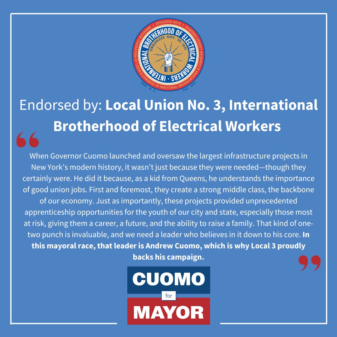 andrewcuomo's tweet photo. Honored to receive the endorsement of Local Union No. 3. Everything we build we will build Labor because it is the best way to build quality construction. https://t.co/RnpNxHre83