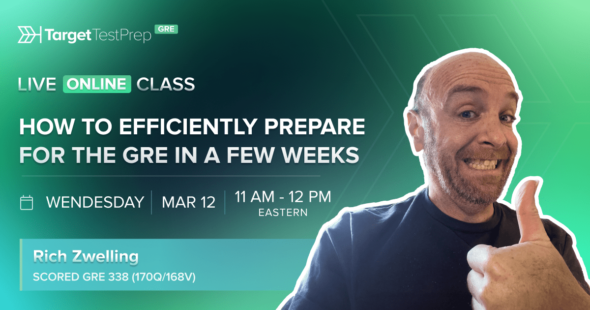 TargetTestPrep's tweet image. Join Rich Zwelling, one of Target Test Prep’s top GRE instructors, on Wednesday, March 12, at 11 AM ET (8 AM PT) for a FREE class on how to efficiently prepare for the GRE in just a few weeks. Save your spot: ow.ly/LuUO50Vf9kJ #GraduateAdmissions #MBAAdmissions #GREScore