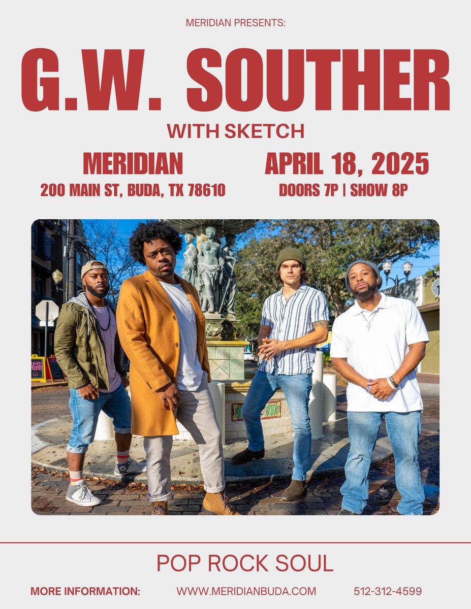 🔥 TEXAS, IT’S OFFICIAL! 🔥

For the first time ever, GW Souther is bringing the energy to Buda, TX! 🎸🎶

We’re hitting the stage at Meridian for a night of rock, soul, and high-energy grooves you don’t wanna miss!

#GWSouther #Texas #LiveMusic #ATX #Meridian #RockSoul #budatx