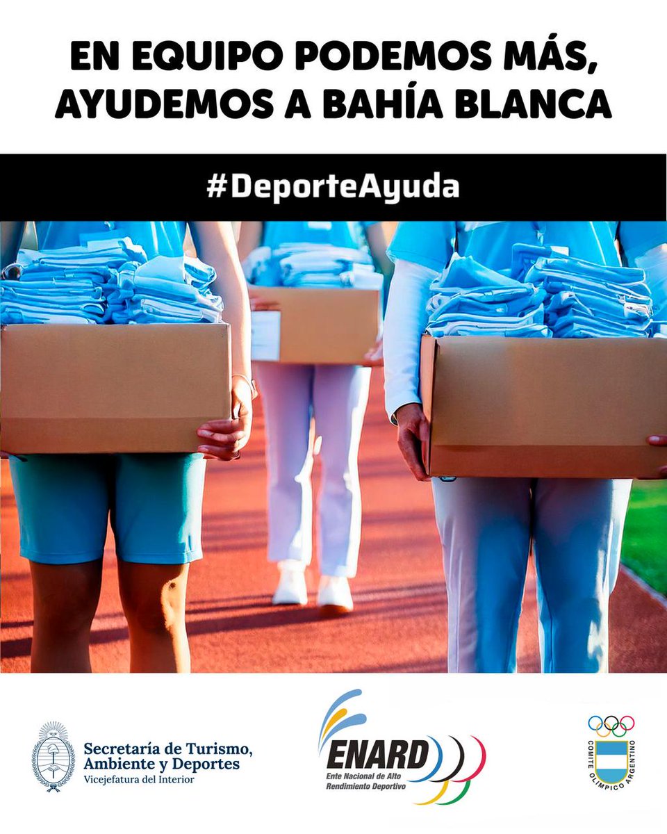 PrensaCOA's tweet photo. EL DEPORTE SE SOLIDARIZA CON BAHÍA BLANCA

El Comité Olímpico Argentino, la Secretaría de Turismo, Ambiente y Deportes y el ENARD se suman a ayudar a los damnificados por el temporal.

��� Recibimos donaciones en el #CeNARD

Más info: https://t.co/ioLhPkfiNu

#EquipoARG 🇦🇷 https://t.co/OdRLuCgmMi