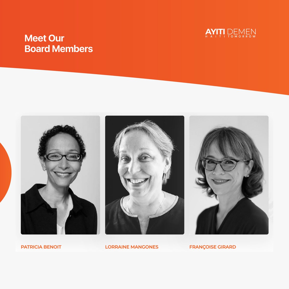 Meet our Board Members 3/9! To know more, visit our website: ademen.org/board-members/
Patricia Benoit, Haitian American filmmaker | Lorraine Mangones, Haitian, Executive Director of <a href="/FOKAL_Ayiti/">FOKAL</a> |Francoise Girard, Canadian American, founder of Feminism Makes Us Smarter #Haiti #USA