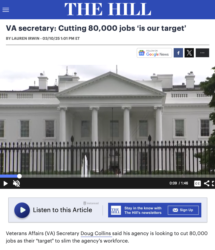 Trump is making a direct assault on America’s veterans. The VA helps millions of veterans with health care, disability services, student loans, and more.

Cutting 80,000 staff will increase wait times, overwhelm hospitals, and deny education to thousands of veterans.