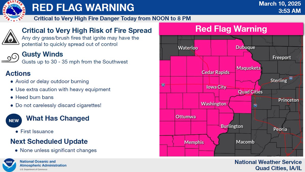 Johnson County is in a red flag warning today from Noon-8 pm due to dry conditions. Gusty winds could spread fires quickly. Please be careful and don't burn anything today.