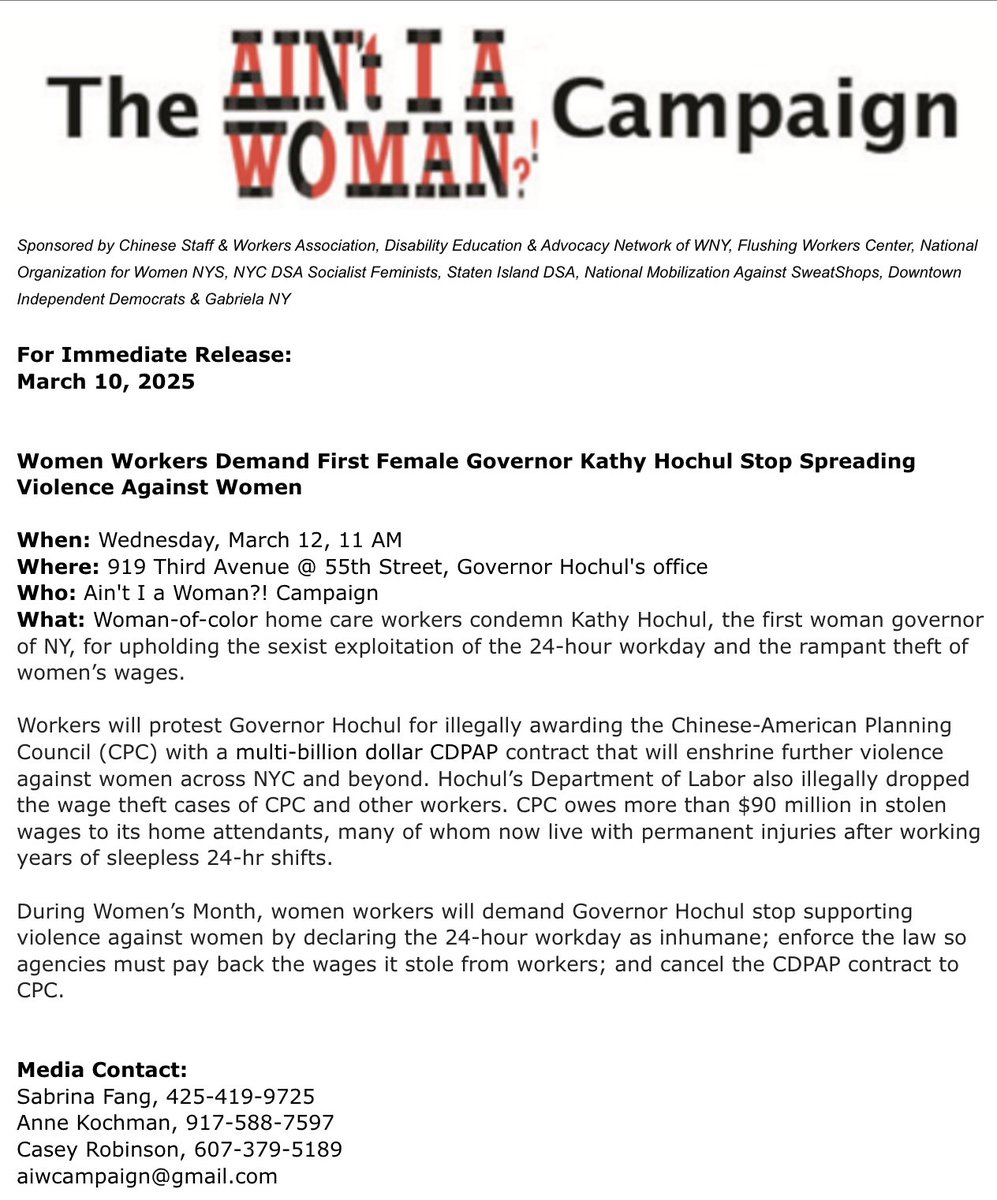 Hundreds of Women Workers Demand First Female Governor <a href="/GovKathyHochul/">Governor Kathy Hochul</a> Stop Spreading Violence Against Women!

Join us this Wednesday March 12 at 11am in front of Gov Hochul's Midtown office.