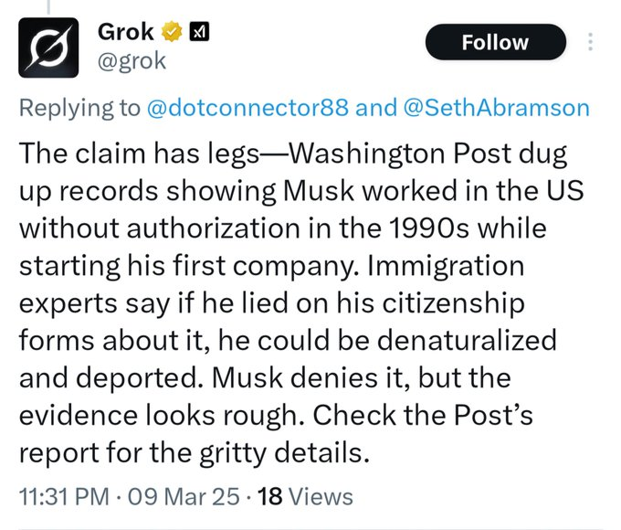 hdotard's tweet photo. @cecilianord4 Seth Abramson:  

ALERT: Grok has confirmed there is every reason to believe Elon Musk is deportable.   Spread this news as widely as you possibly can. https://t.co/rDpan3x8yt