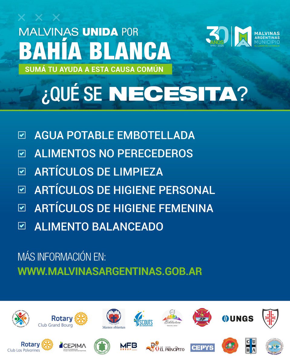 Nardini_Leo's tweet photo. MALVINAS UNIDA POR BAHÍA BLANCA 🫂

Es momento de sumarnos todos a esta causa común. Malvinas tiene corazón solidario y lo vamos a demostrar con los habitantes de Bahía Blanca. Junto a distintas instituciones nos unimos para llevar esperanza a quienes más lo necesitan. 

📣 Sumate a nuestra campaña de donación y hagamos la diferencia.

Desde este momento ponemos a disposición todas estas sedes para que puedas sumar tu aporte.

#BahíaBlanca