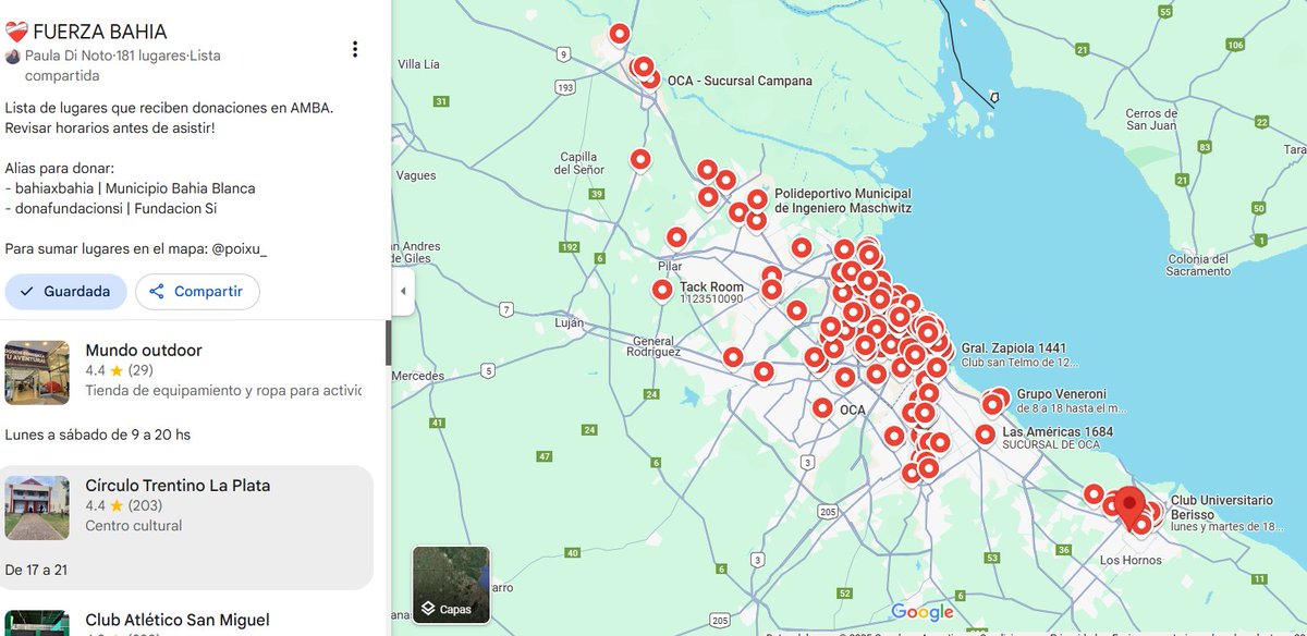 🔴 Si estás en AMBA o por La Plata y no sabés dónde acercarte a donar este Maps tiene la ubicación de la mayoría de lugares que están recibiendo donaciones para enviar a Bahía Blanca: google.com/maps/@-34.5087…