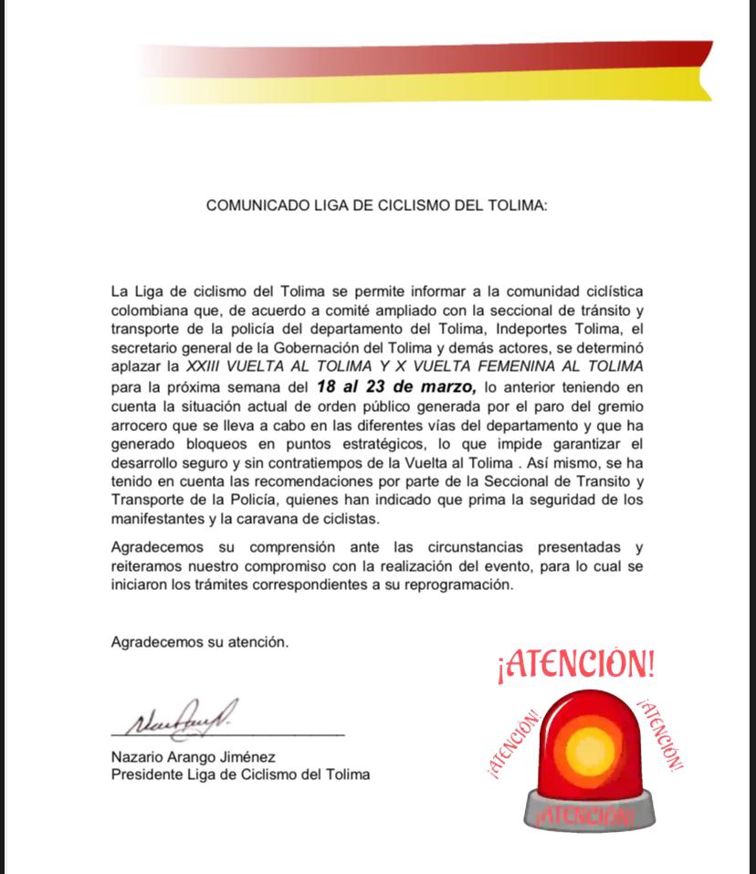 Liga de Ciclismo del Tolima🇨🇴🚴♂️🚴♀️ (@ligcitolima) on Twitter photo #VTolima2025🇨🇴🚴🏻♂️
#VTolimaFemenina🇨🇴🚴♀️
Adjuntamos comunicado oficial sobre la nueva fecha de la XXIII Vuelta al Tolima Élite-Sub23 y X Femenina.
<a href="/mundociclistico/">Mundo Ciclístico</a> #VTolima2025🇨🇴🚴🏻♂️
#VTolimaFemenina🇨🇴🚴♀️
Adjuntamos comunicado oficial sobre la nueva fecha de la XXIII Vuelta al Tolima Élite-Sub23 y X Femenina.
<a href="/mundociclistico/">Mundo Ciclístico</a>