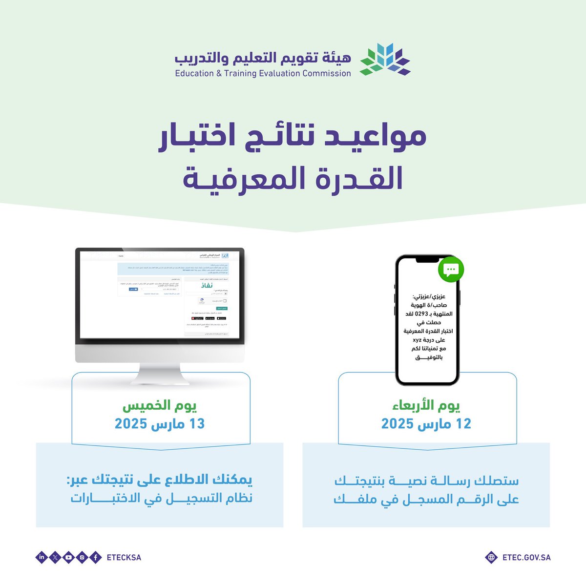 مواعيد تهمك:

ستُعلن نتيجة اختبار #القدرة_المعرفية (الورقي) الذي عُقد خلال الفترة من 16 إلى 18 فبراير 2025م، يوم الأربعاء 12 مارس 2025م عبر رسالة نصية (SMS) على الرقم المسجل في النظام.

كما ستتاح النتائج عبر نظام التسجيل بدءًا من يوم الخميس 13 مارس 2025م.