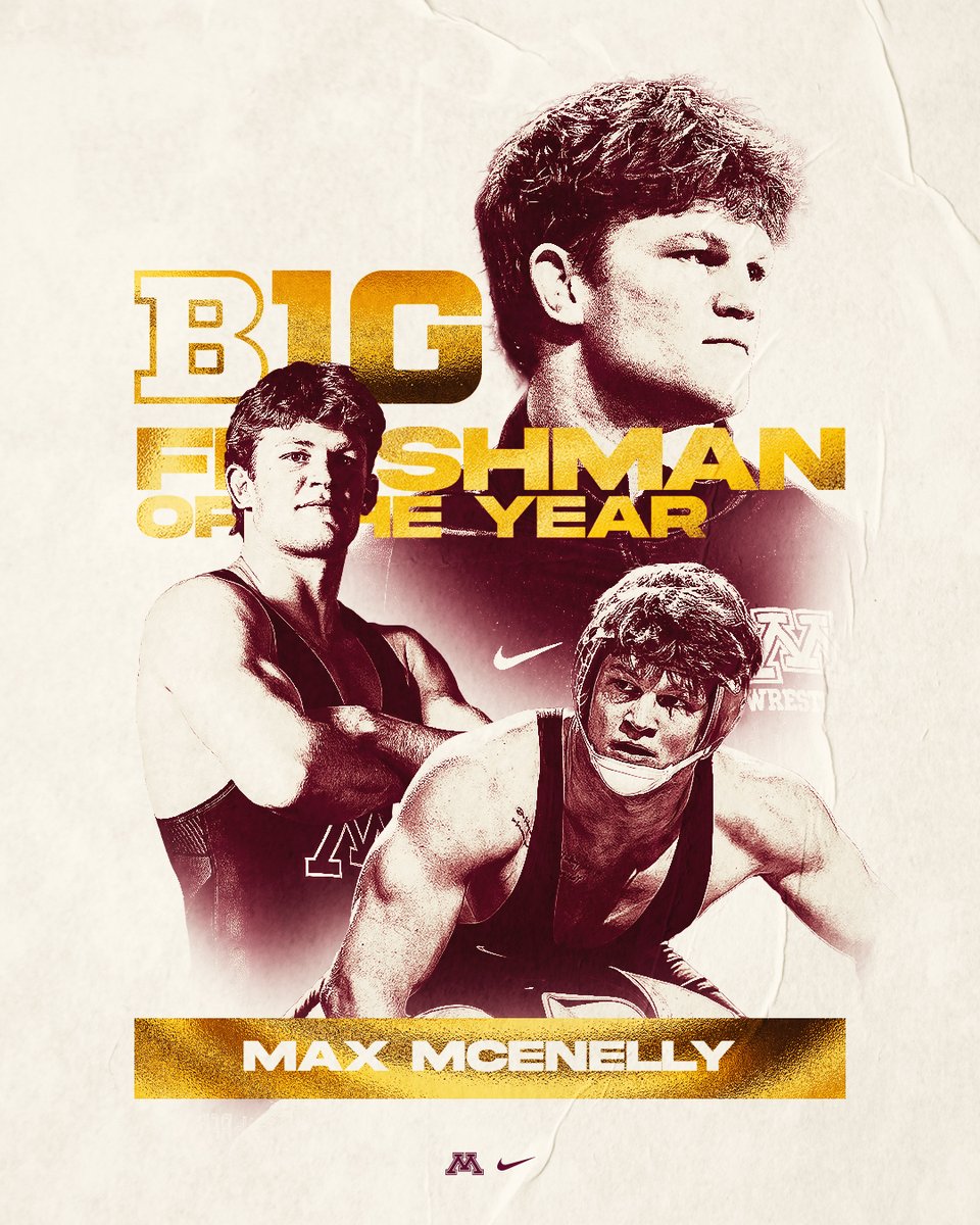 GopherWrestling's tweet image. Max McEnelly is your Big Ten Freshman of the Year!

The #Gophers standout went 18-0 in the regular season with 15 bonus point wins and then reached the finals at the Big Ten Championships.