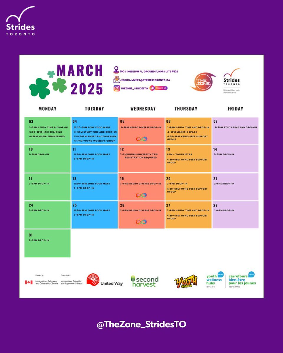 stridesTO's tweet image. Wondering what's happening around #StridesTO during the month of March? Swipe to see The Zone's March Calendar! #YouthPrograms #ScarbTO #ScarboroughYouth #YouthMentalHealth #Scarborough #YouthDropIn