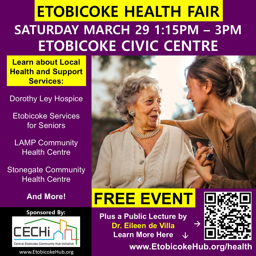 Join us on Saturday March 29 from 1:15PM - 3PM at the Etobicoke Civic Centre for the 2025 ETOBICOKE HEALTH FAIR. Learn about local health and support services. Plus a FREE public lecture by Dr. <a href="/epdevilla/">Dr. Eileen de Villa</a>! Please register at EtobicokeHub.org/health #healthcare #HealthyLiving