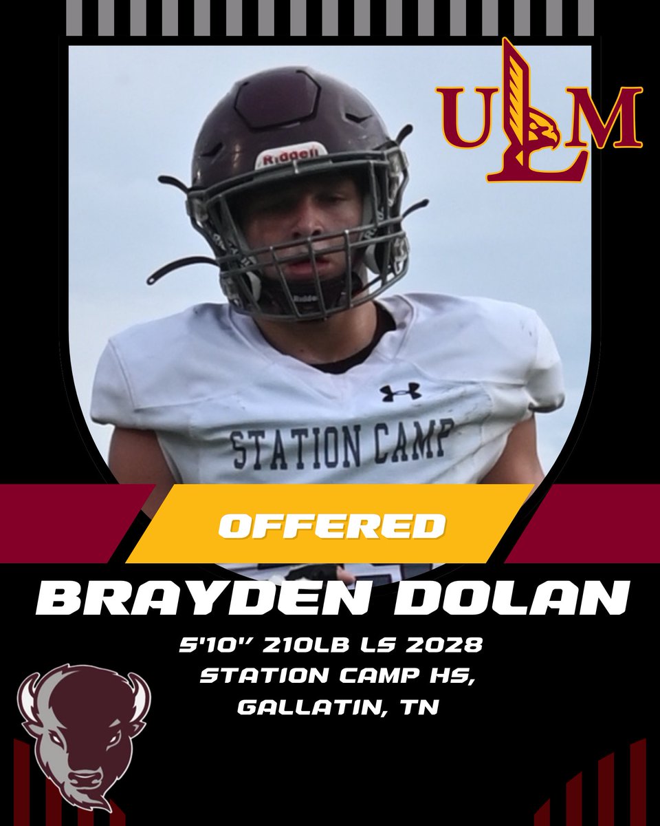 Brayden Dolan (2028) (@braydendolan_ls) on Twitter photo After a great conversation with @noahkimball1 <a href="/MarkMods/">Coach Modleski</a> University of Louisiana Monroe blessed to have received offer from <a href="/ULM_FB/">ULM Football</a> . Looking forward to Building relationship with them over the next couple years. <a href="/SCCoachB/">CoachBain</a> <a href="/HKA_Tanalski/">Adam</a> <a href="/scbisonfootball/">Station Camp Football</a> <a href="/sports_bk/">Blaine Kellar</a> After a great conversation with @noahkimball1 <a href="/MarkMods/">Coach Modleski</a> University of Louisiana Monroe blessed to have received offer from <a href="/ULM_FB/">ULM Football</a> . Looking forward to Building relationship with them over the next couple years. <a href="/SCCoachB/">CoachBain</a> <a href="/HKA_Tanalski/">Adam</a> <a href="/scbisonfootball/">Station Camp Football</a> <a href="/sports_bk/">Blaine Kellar</a>