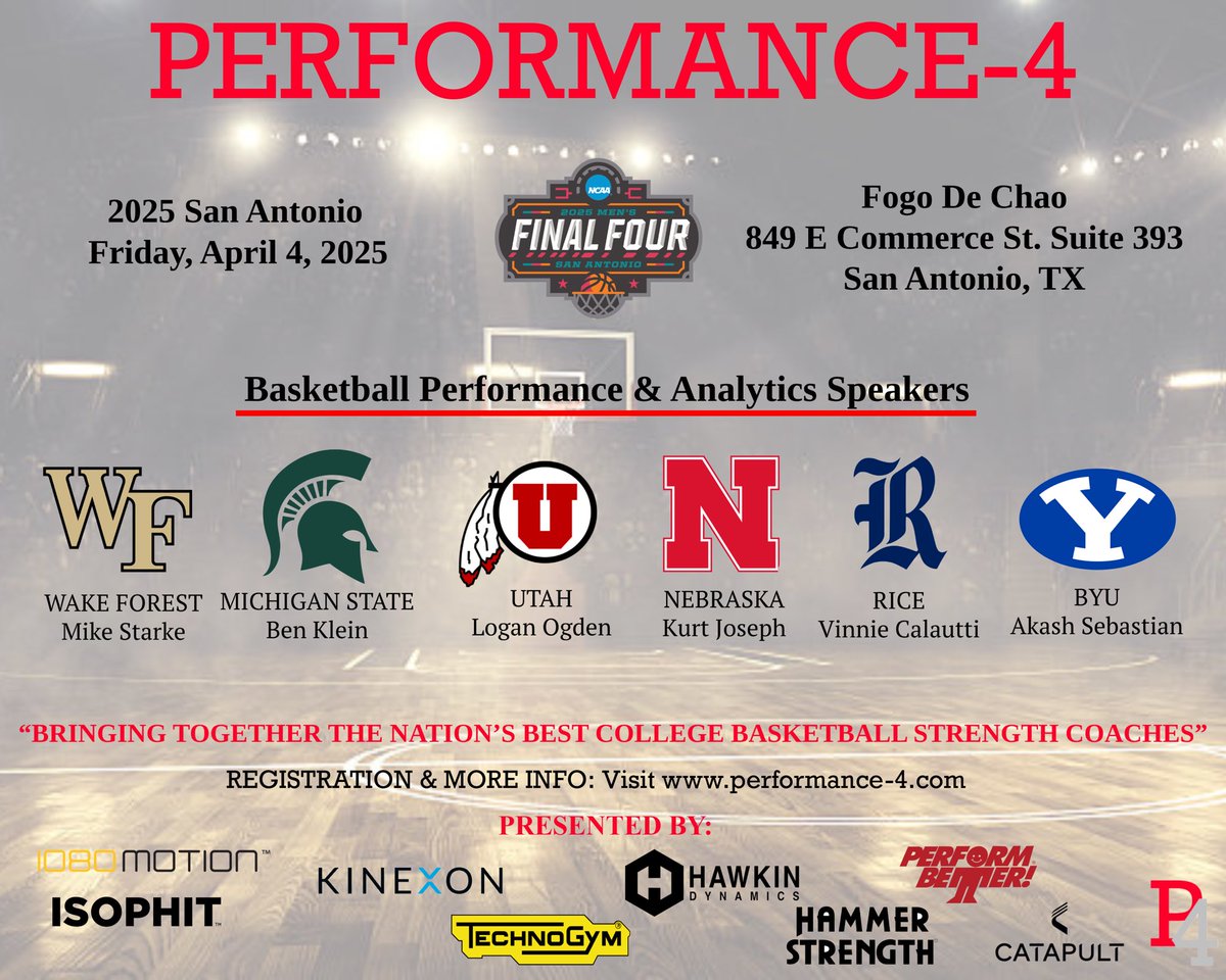 performance_4's tweet photo. 🚨P4 Strength &amp; Analytics Clinic at the FINAL FOUR!💪📊

NSCA CEUs Available 0.6

Don’t wait sign up today.

https://t.co/VjZ0mRXRr5

#Performance4 | #FinalFour | #MarchMadness https://t.co/oxOZg9vJrm