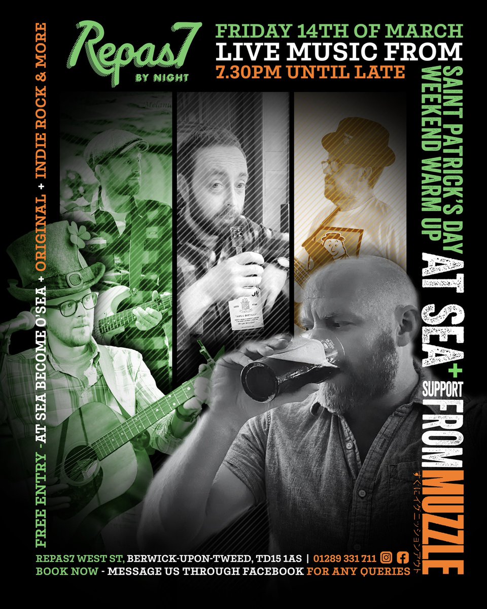 Repas7N's tweet image. 🍀🎶 St. Paddy’s Weekend Kickoff! 🎶🍀
This Friday, March 14th, At Sea (@at_sea_band) swaps the North Sea for the Irish Sea with shamrockin’ tunes &amp;amp; plenty of Guinness! 🍻🎸 Joined by Muzzle (@muzzleband) for a night of live music &amp;amp; mischief! 🎤 Music, 🍕 Tapas, 🍸Open 5PM