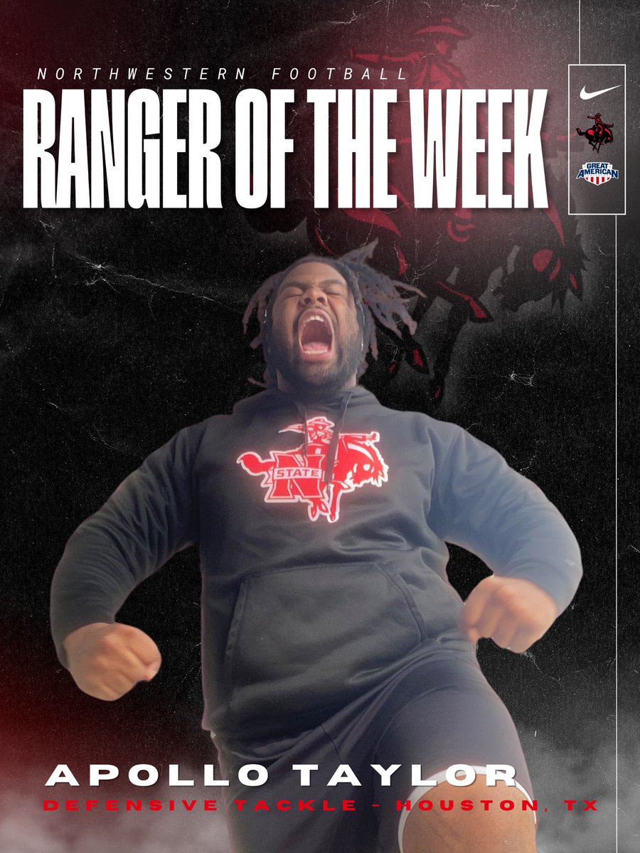 nwosufootball's tweet image. This week’s RANGER OF THE WEEK is Defensive Lineman, Apollo Taylor. His drive and intent behind every rep, along with his electric energy in the weight room is why he is our Ranger of the week! Apollo also hit a 705 lb Squat Max. Keep setting the standard!