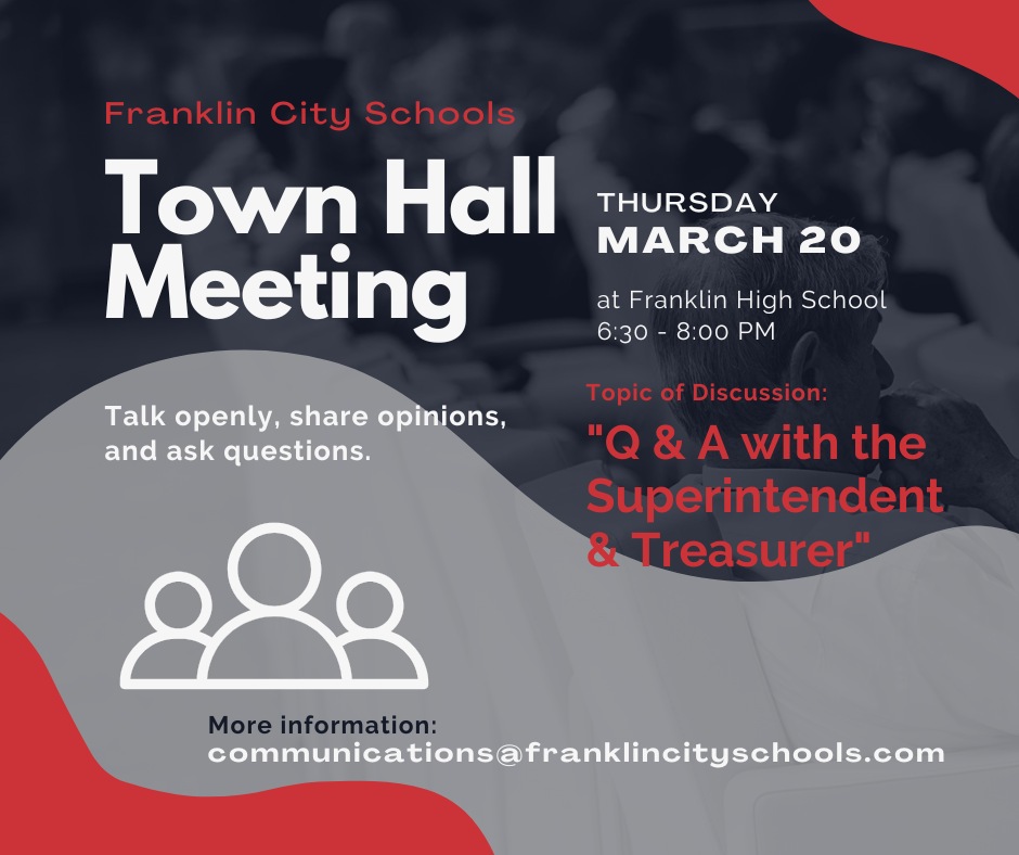 FCS Wildcats (@fcswildcats) on Twitter photo Please plan to attend one of our two scheduled Town Hall Meetings. The first is Thursday, March 20, 6:30 p.m., in the FHS Media Center.
If you have questions, comments, or would like more information about this post, please email communications@franklincityschools.com. Please plan to attend one of our two scheduled Town Hall Meetings. The first is Thursday, March 20, 6:30 p.m., in the FHS Media Center.
If you have questions, comments, or would like more information about this post, please email communications@franklincityschools.com.