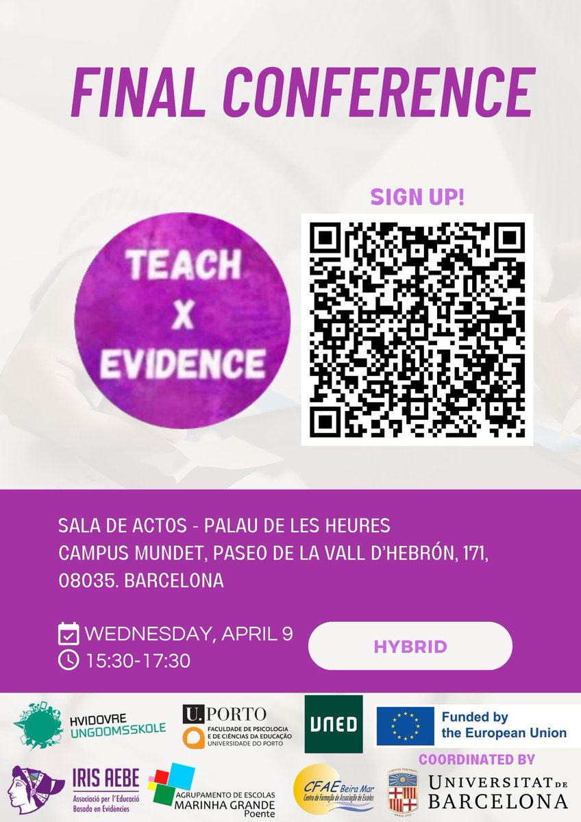 📅 Save the Date!
Don't miss the #TeachXevidence Final Conference! 
📌An exciting opportunity to explore the latest advances in gender violence prevention through Scientific Evidence with Social Impact
🔗forms.office.com/Pages/Response…
#Education #Teacher #School