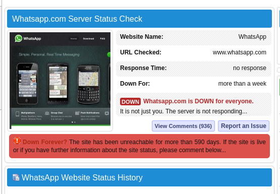 tdings74's tweet photo. Just got a notification WhatsApp is not available ... 

Probably the best thing I can do is creating such a service to find out if a website is really down or up.

But for the moment try this one: https://t.co/8rUUmtAHG7 https://t.co/VzrDqL8sPn
