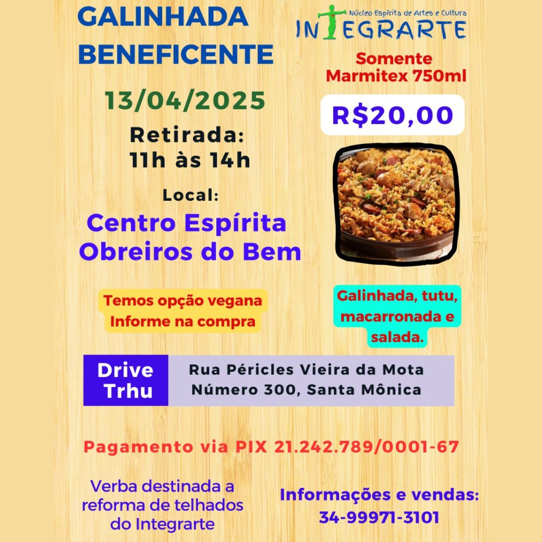 wrfraternidade's tweet photo. 🥣GALINHADA BENEFICENTE!

🤩Prato: Galinhada (opção frango e vegana), Tutu de  Feijão, Macarronada e Salada

📆Dia 13/04/2025

🔗Mais informações: 
https://t.co/WT87vYTNky

#integrarte #galinhada #almocobeneficente https://t.co/jGfmgxfmPK